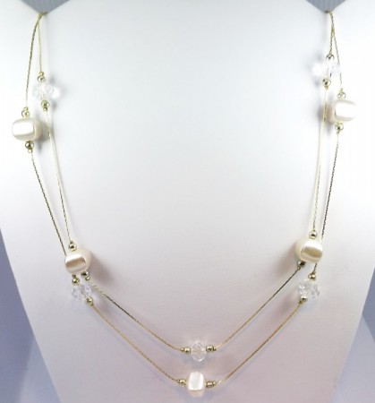 Colar Pedra Perolada + Crystal - (Cores Sortidas)